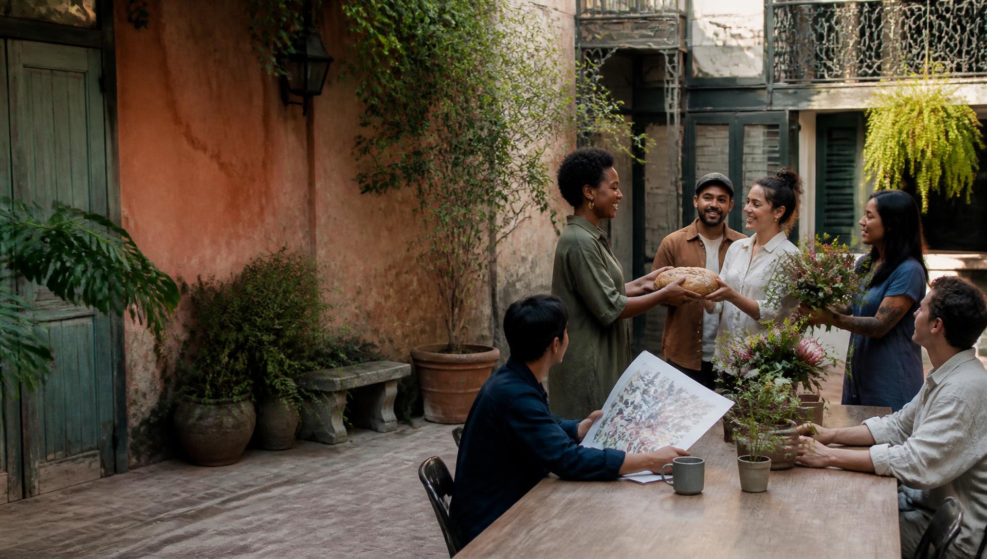 New Orleans business owners trading goods around a shared courtyard table